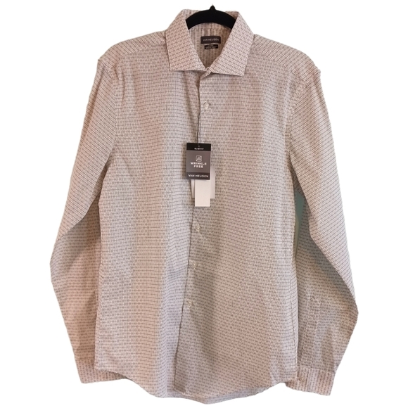 Medium Mens Dress Shirt, Slim Fit, Wrinkle Resistant, Platnium, Geometric Print - Picture 1 of 4